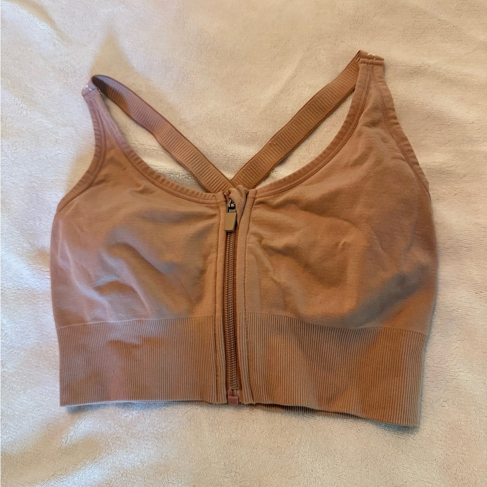 Tan/Pink Zip-Front Sports Bra